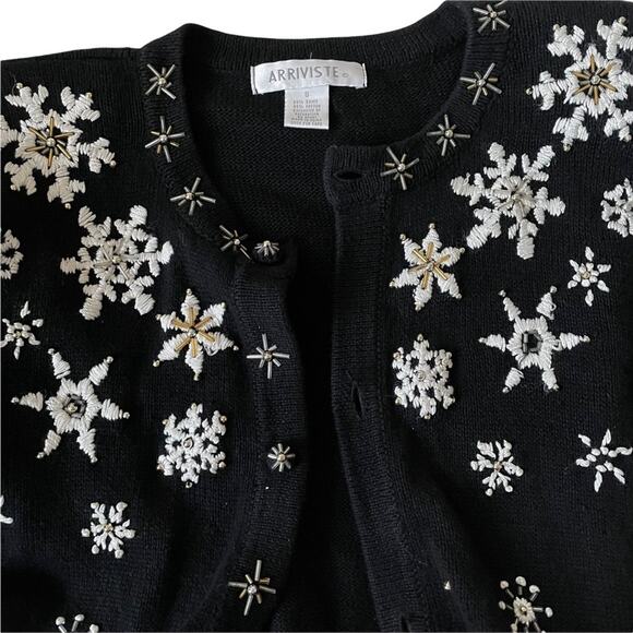 Vintage 1990s Arriviste Snowflake Cardigan Sweater Beaded Embroidered Black S - Picture 10 of 12